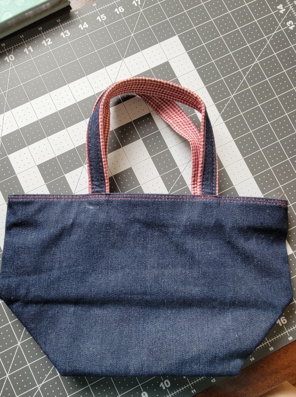 Adorable Denim Mini Tote with Red Gingham Handles & Lining Lancôme